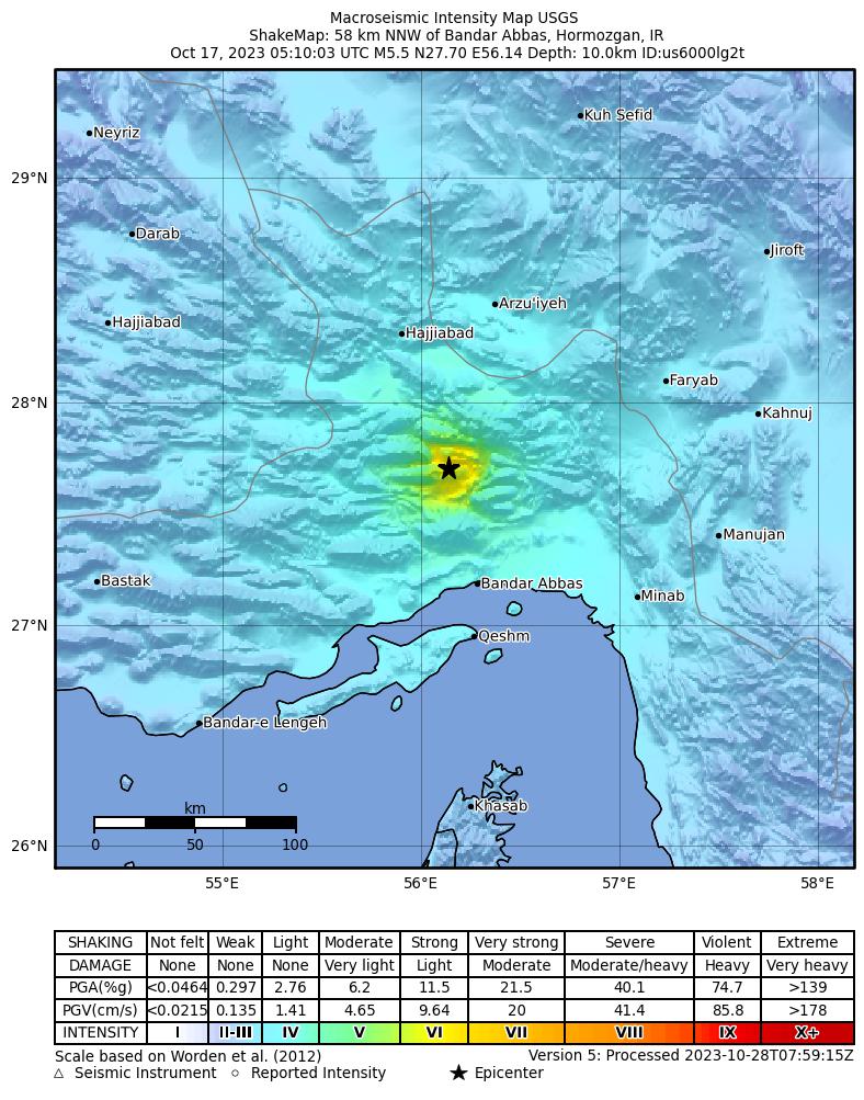 USGS ShakeMap intensity contours for the M5.5 earthquake near 58 km NNW of Bandar Abbas, Iran