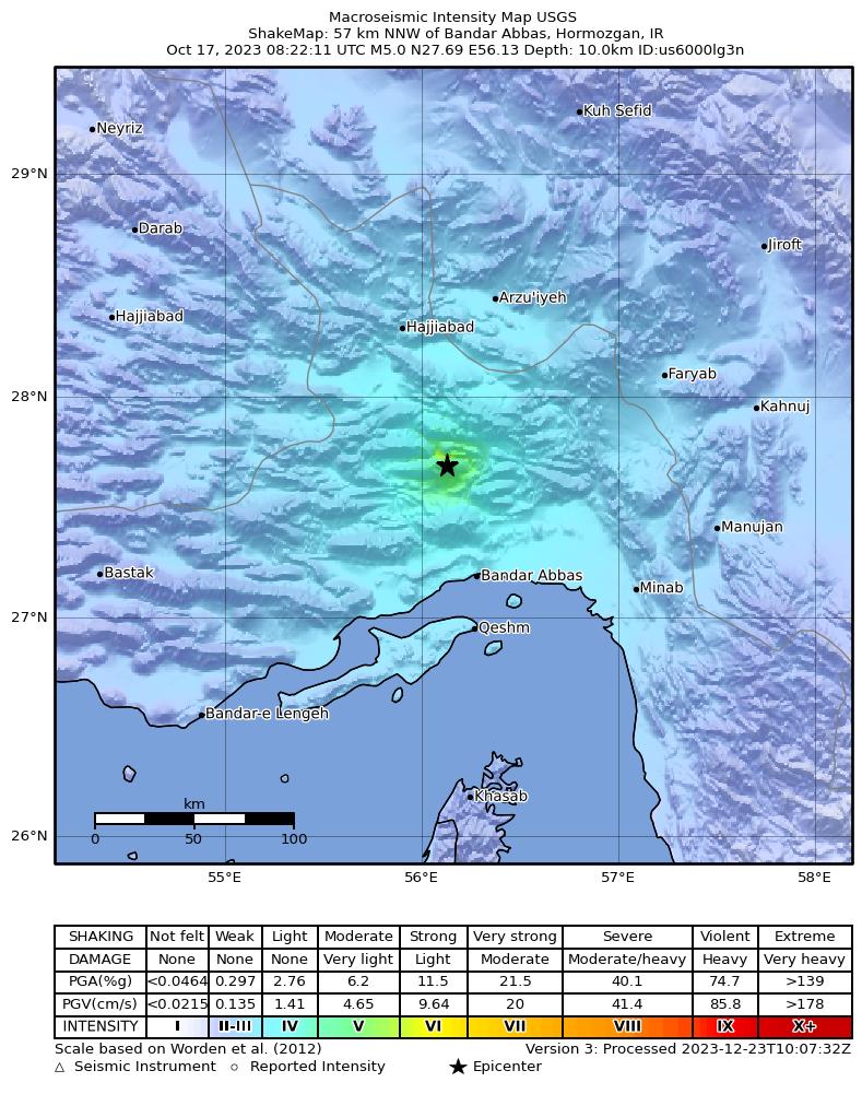 USGS ShakeMap intensity contours for the M5.0 earthquake near 57 km NNW of Bandar Abbas, Iran