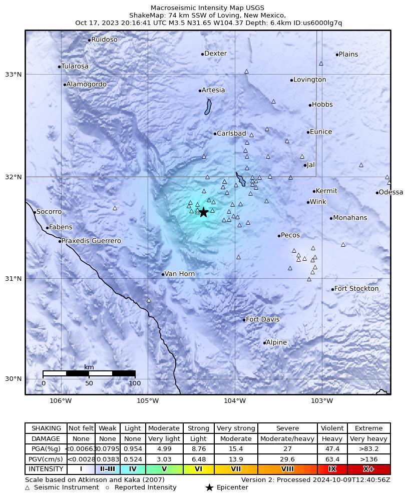 USGS ShakeMap intensity contours for the M3.5 earthquake near 55 km S of Whites City, New Mexico