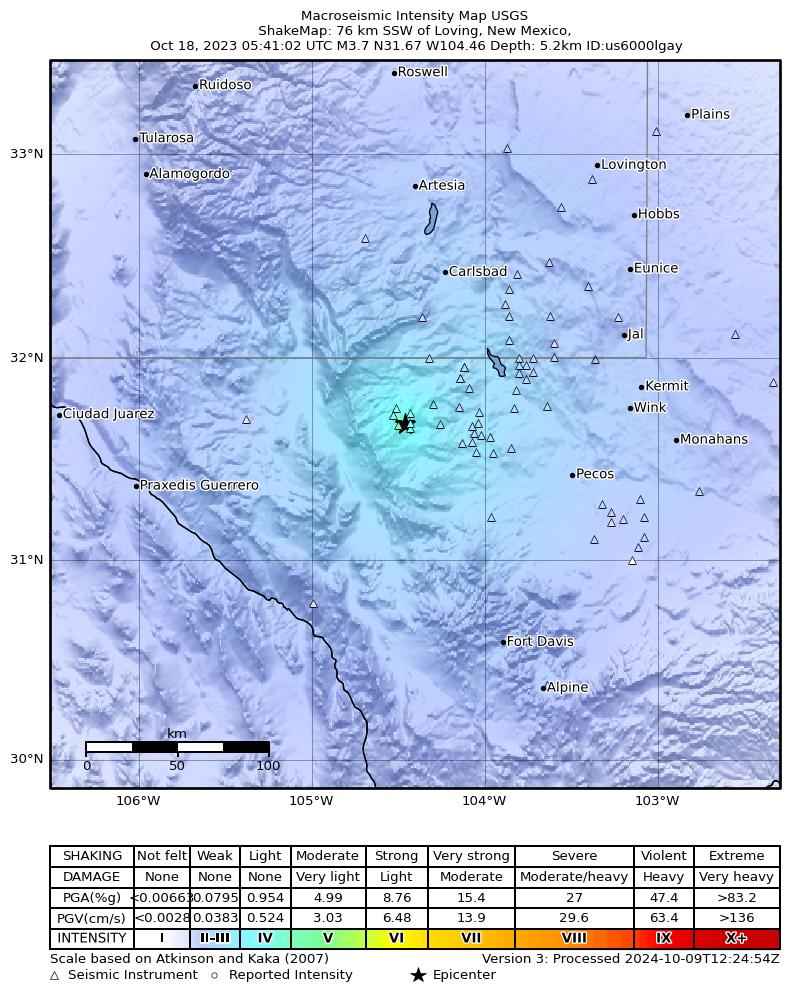 USGS ShakeMap: estimated shaking intensity around the epicenter