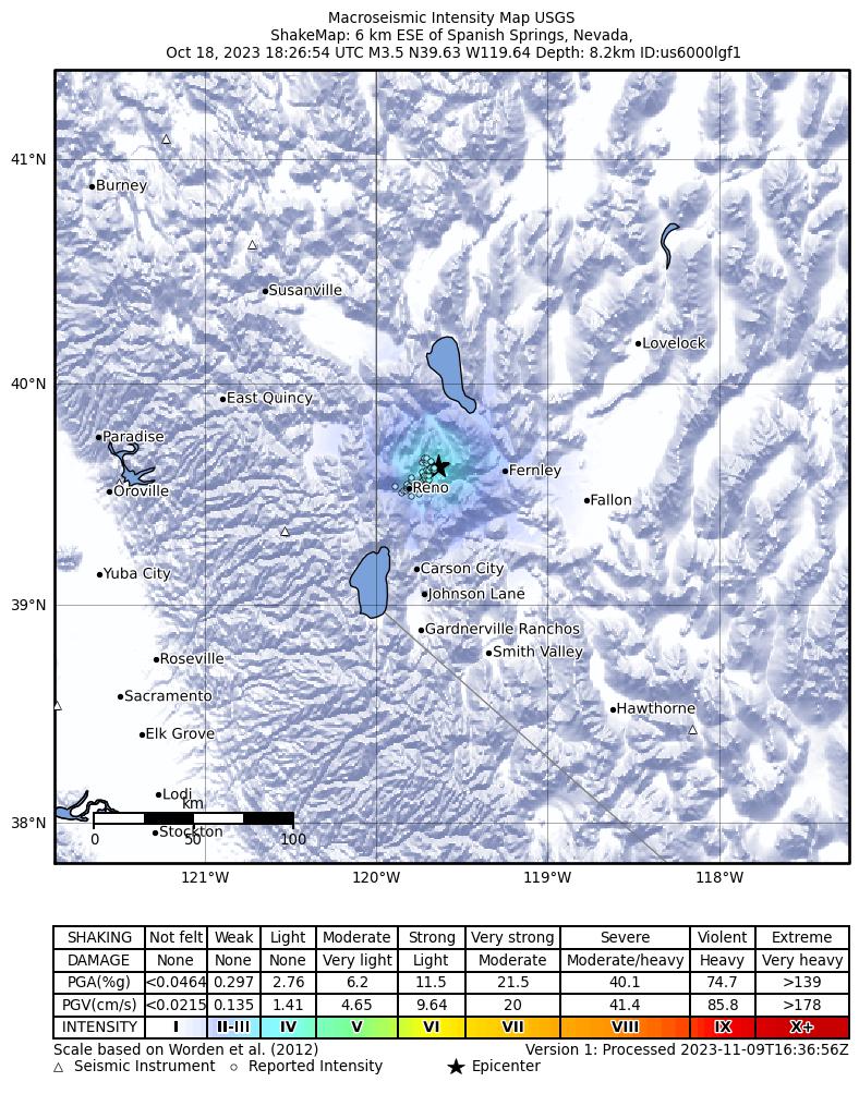 USGS ShakeMap intensity contours for the M3.6 earthquake near Nevada