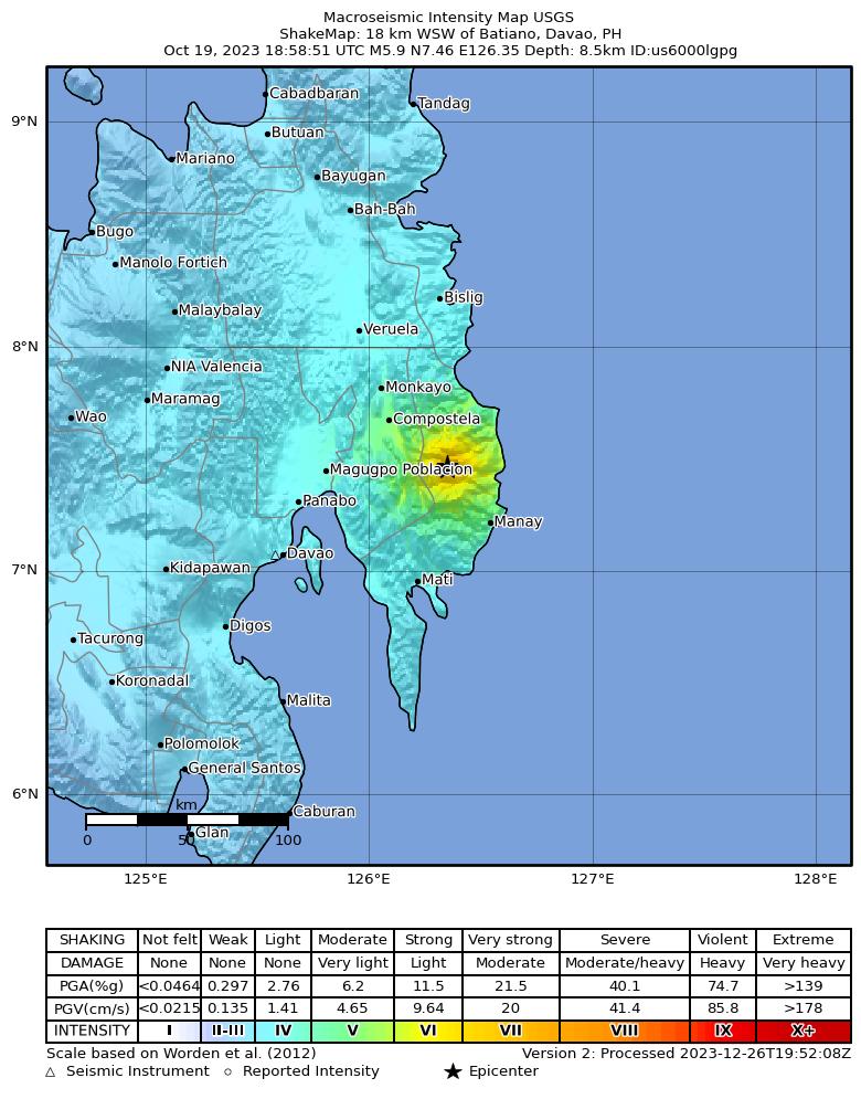 USGS ShakeMap intensity contours for the M5.9 earthquake near 18 km WSW of Batiano, Philippines