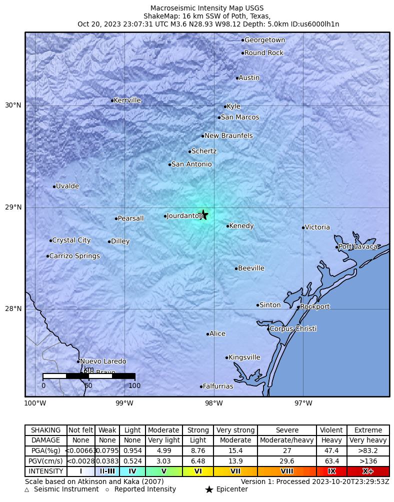 USGS ShakeMap intensity contours for the M3.7 earthquake near 8 km SW of Falls City, Texas