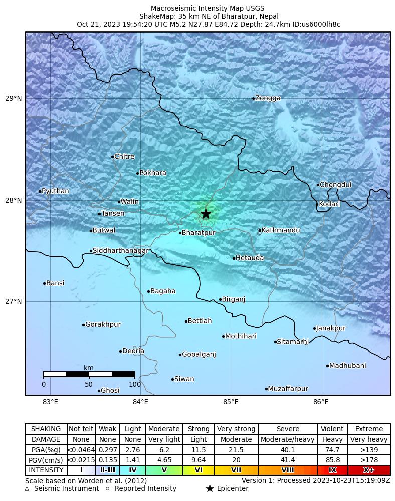 USGS ShakeMap intensity contours for the M5.2 earthquake near 36 km NE of Bharatpur, Nepal