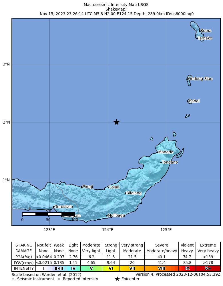 USGS ShakeMap intensity contours for the M5.8 earthquake near 96 km NW of Manado, Indonesia
