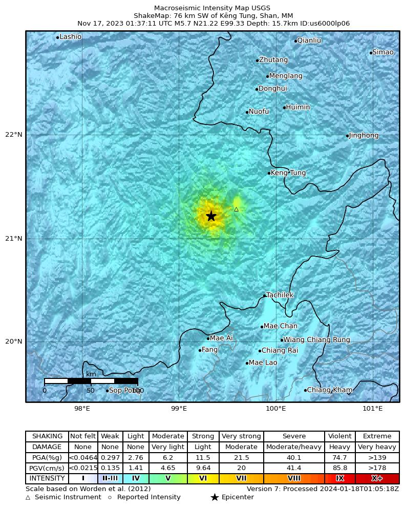USGS ShakeMap intensity contours for the M5.7 earthquake near 76 km SW of Kēng Tung, Myanmar