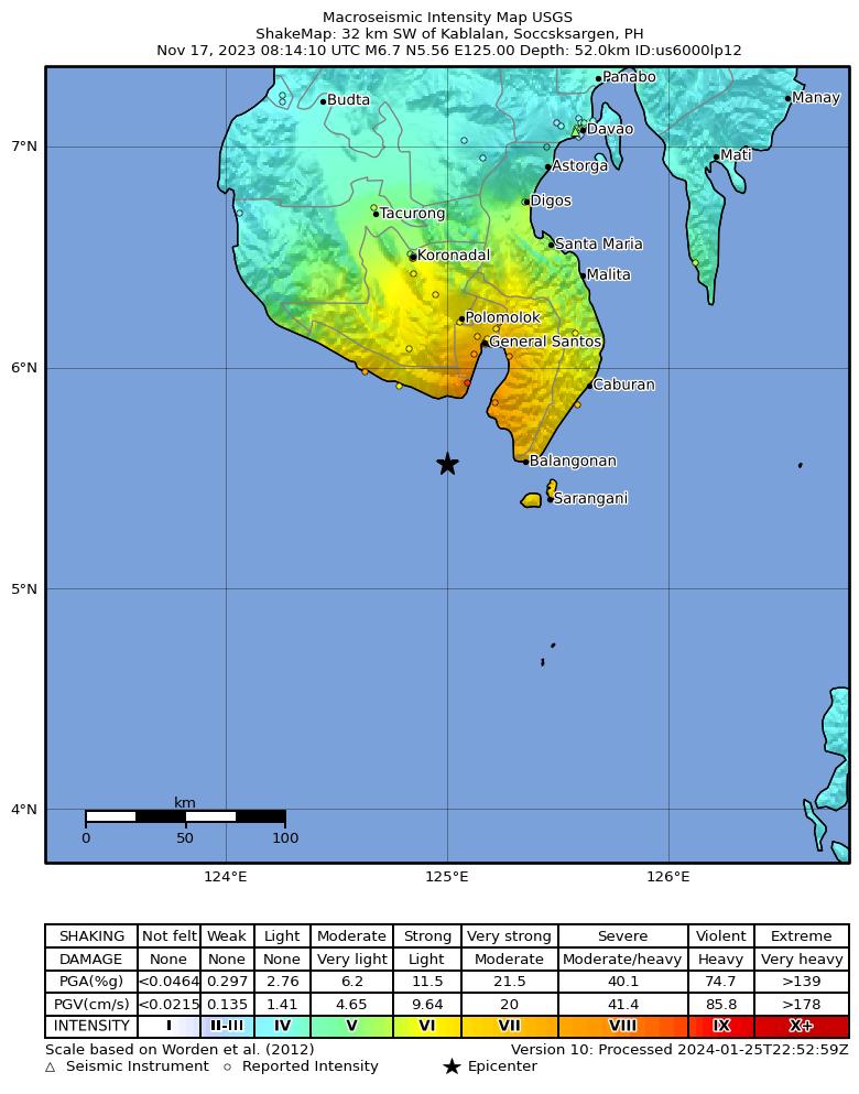 USGS ShakeMap intensity contours for the M6.7 earthquake near 32 km SW of Kablalan, Philippines