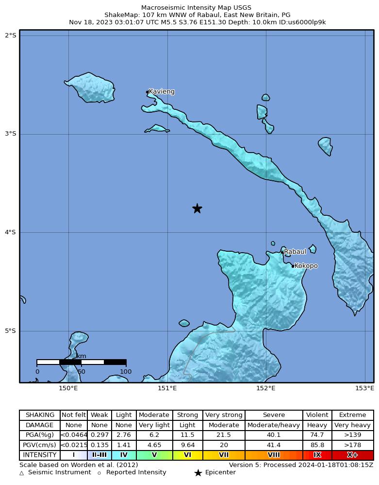 USGS ShakeMap intensity contours for the M5.5 earthquake near 107 km WNW of Rabaul, Papua New Guinea