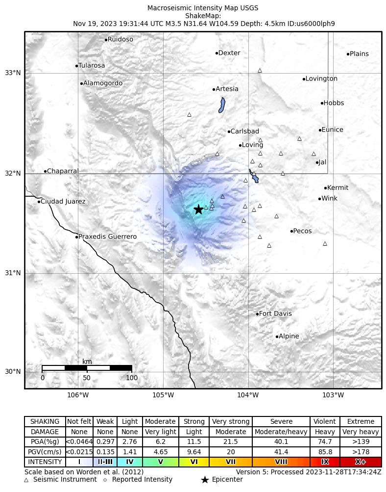 USGS ShakeMap intensity contours for the M3.6 earthquake near 57 km SSW of Whites City, New Mexico