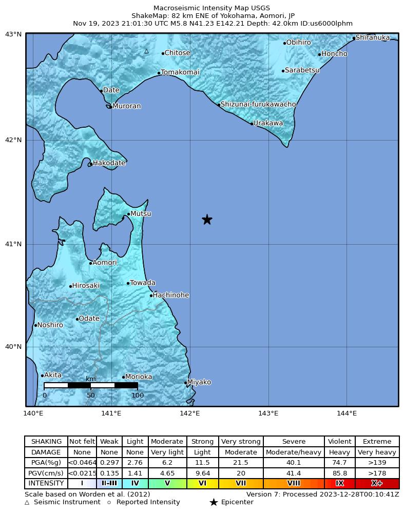 USGS ShakeMap intensity contours for the M5.8 earthquake near 82 km ENE of Yokohama, Japan