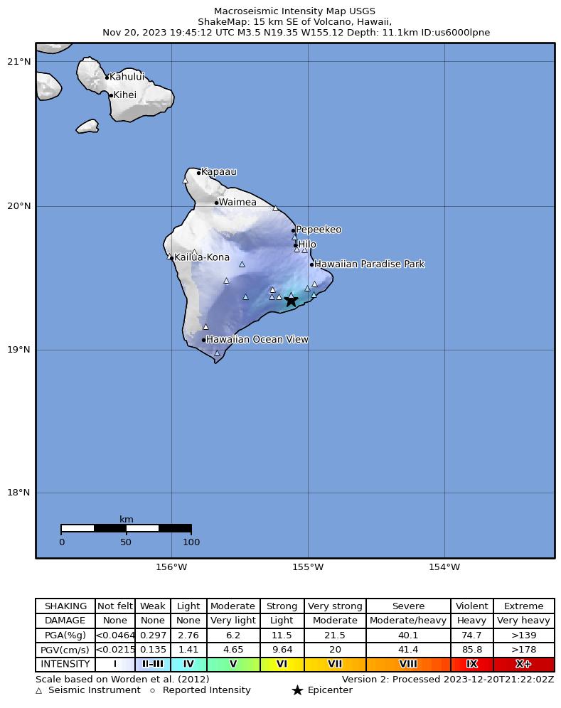 USGS ShakeMap intensity contours for the M3.3 earthquake near 13 km S of Fern Forest, Hawaii