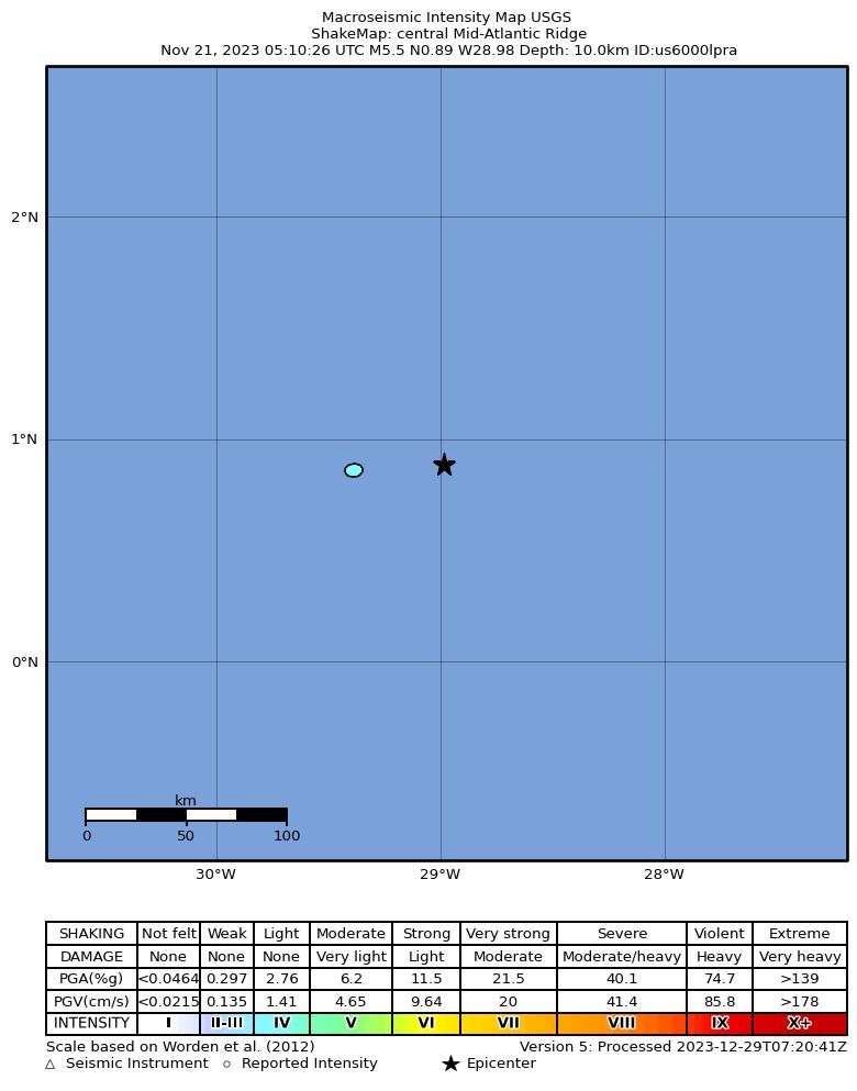 USGS ShakeMap intensity contours for the M5.5 earthquake near central Mid-Atlantic Ridge