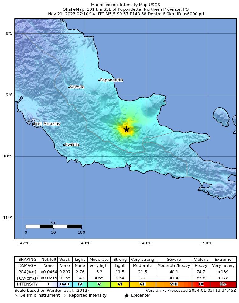 USGS ShakeMap intensity contours for the M5.5 earthquake near 101 km SSE of Popondetta, Papua New Guinea