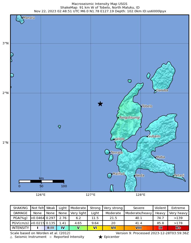 USGS ShakeMap intensity contours for the M6.0 earthquake near 91 km W of Tobelo, Indonesia