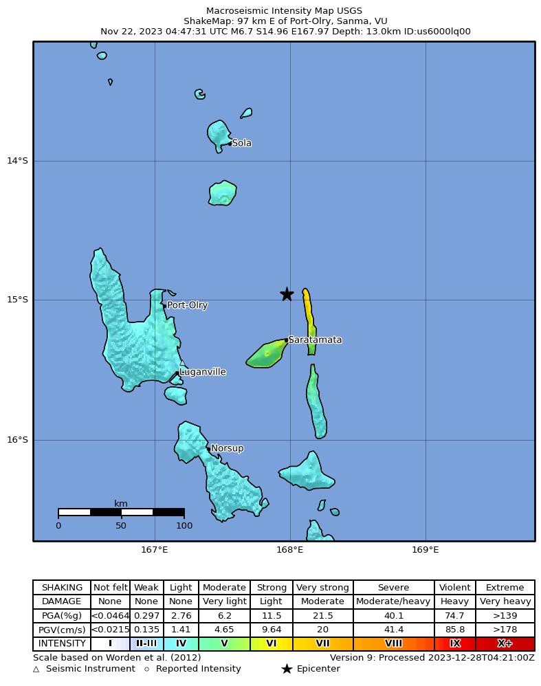 USGS ShakeMap intensity contours for the M6.7 earthquake near 97 km E of Port-Olry, Vanuatu