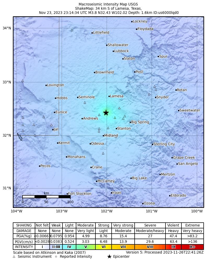 USGS ShakeMap intensity contours for the M4.2 earthquake near 31 km WSW of Ackerly, Texas