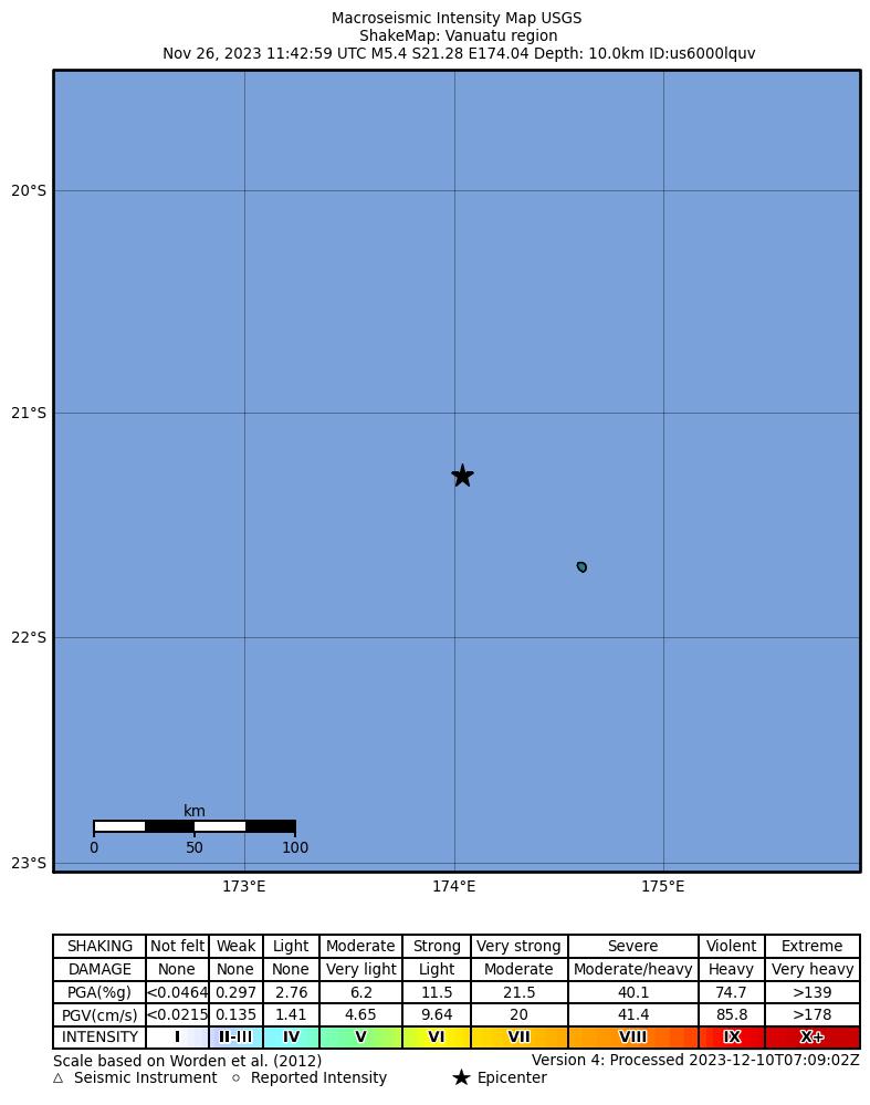 USGS ShakeMap intensity contours for the M5.4 earthquake near Vanuatu region