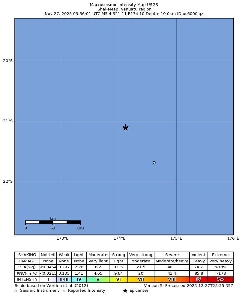 USGS ShakeMap intensity contours for the M5.4 earthquake near Vanuatu region