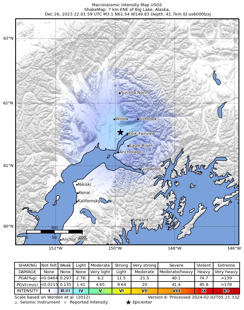 USGS ShakeMap intensity contours for the M2.9 earthquake near 5 km ENE of Big Lake, Alaska