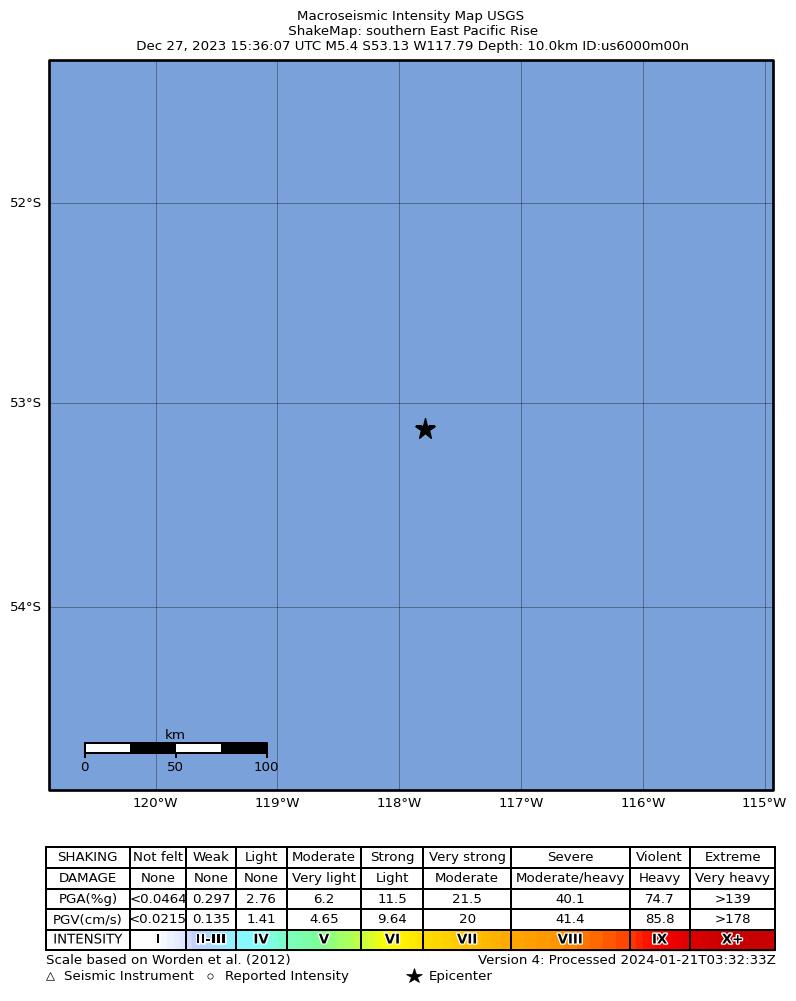 USGS ShakeMap intensity contours for the M5.4 earthquake near southern East Pacific Rise