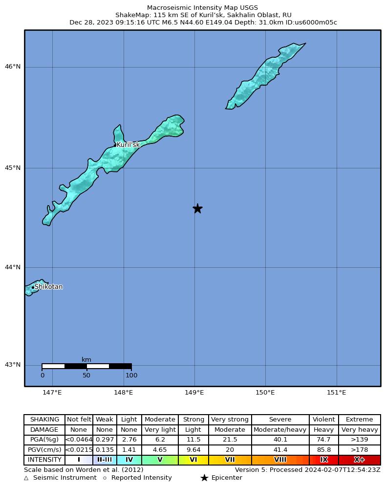 USGS ShakeMap intensity contours for the M6.5 earthquake near 115 km SE of Kuril’sk, Russia