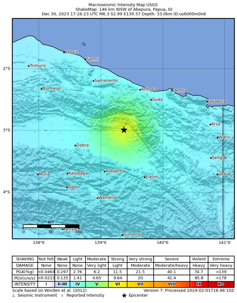 USGS ShakeMap intensity contours for the M6.3 earthquake near 146 km WSW of Abepura, Indonesia