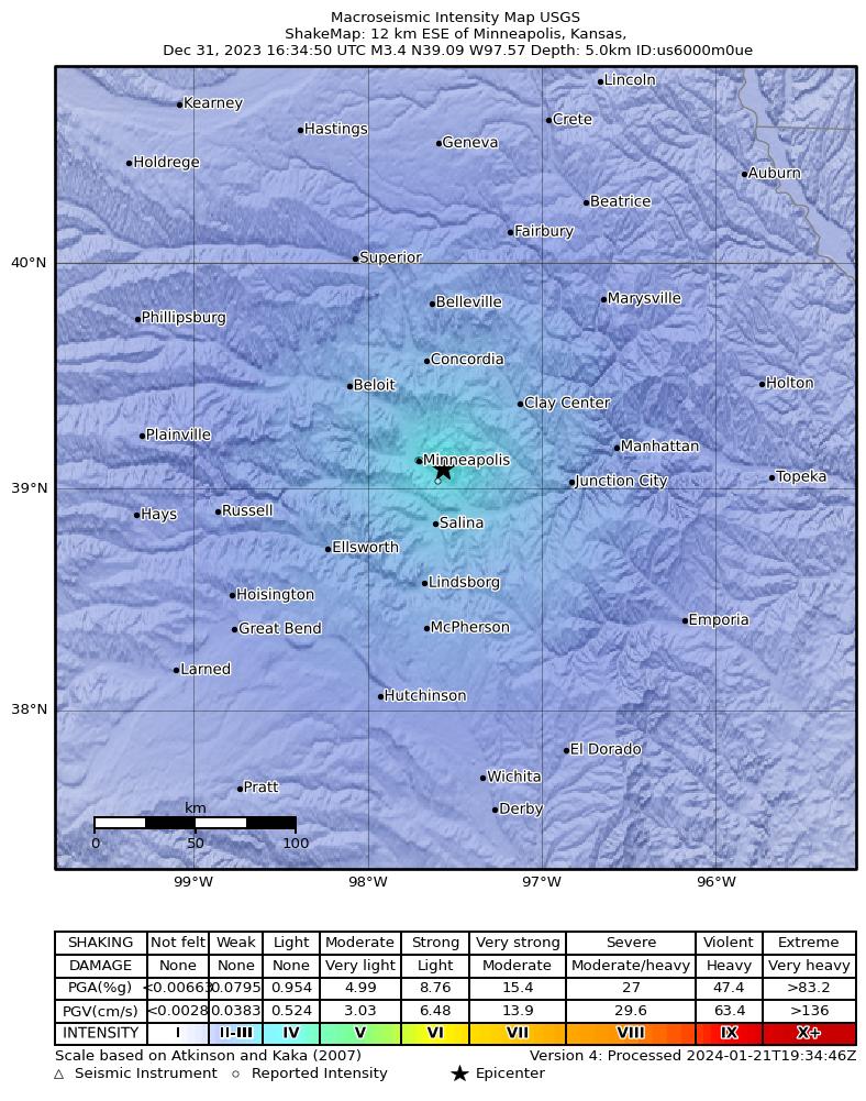 USGS ShakeMap: estimated shaking intensity around the epicenter