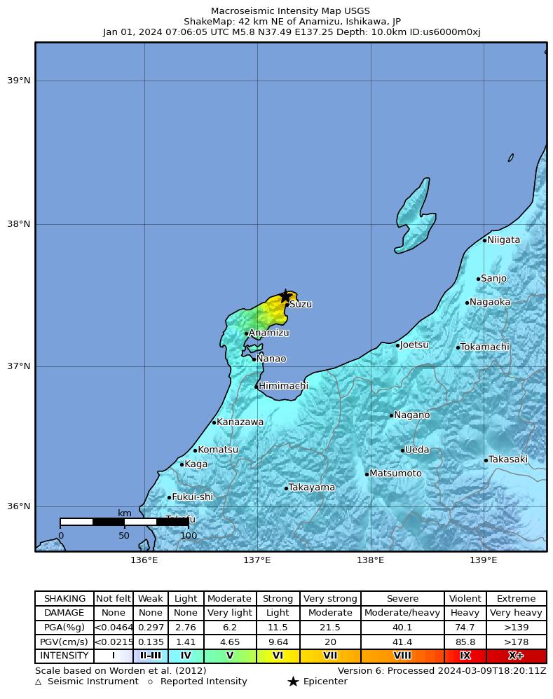 USGS ShakeMap intensity contours for the M5.8 earthquake near 42 km NE of Anamizu, Japan