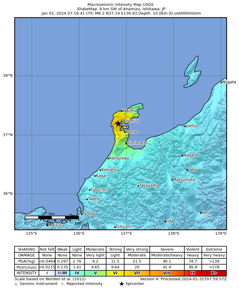 USGS ShakeMap intensity contours for the M6.2 earthquake near 8 km SW of Anamizu, Japan