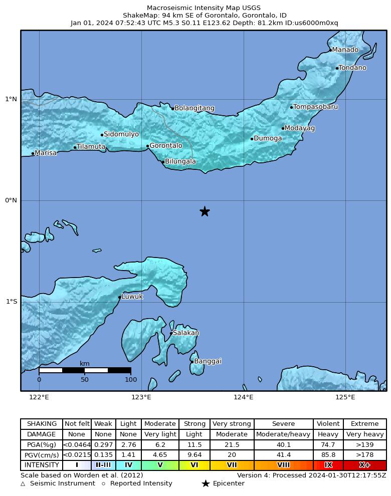USGS ShakeMap intensity contours for the M5.3 earthquake near 94 km SE of Gorontalo, Indonesia