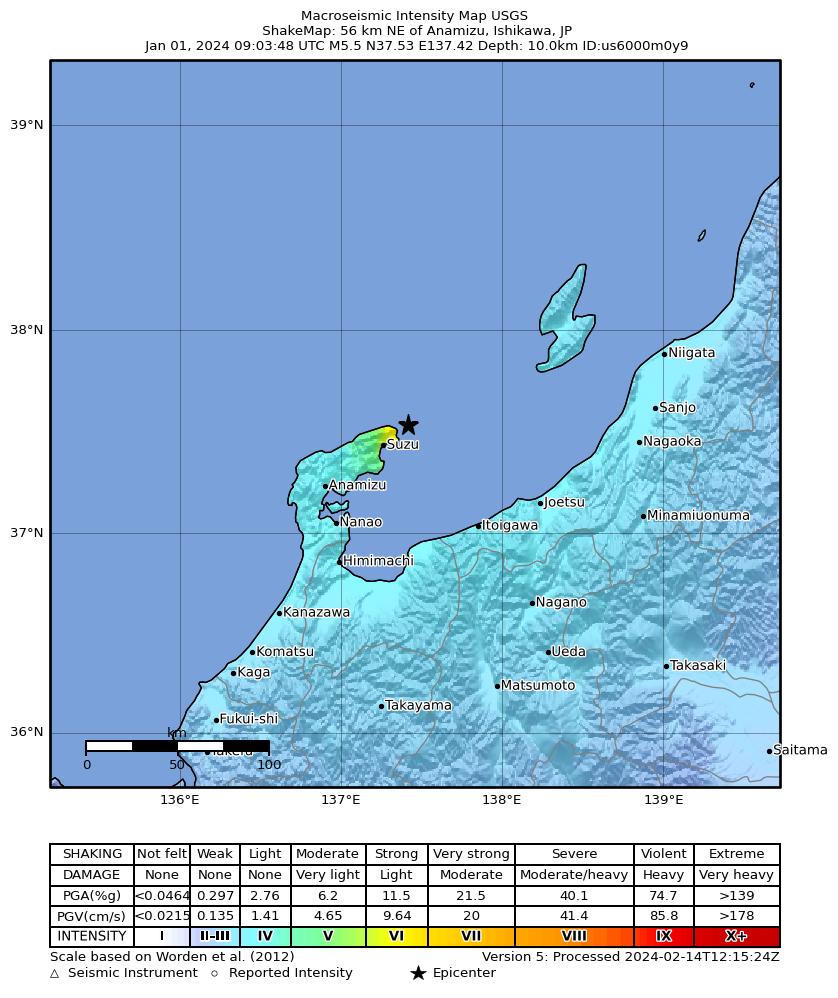 USGS ShakeMap intensity contours for the M5.5 earthquake near 56 km NE of Anamizu, Japan