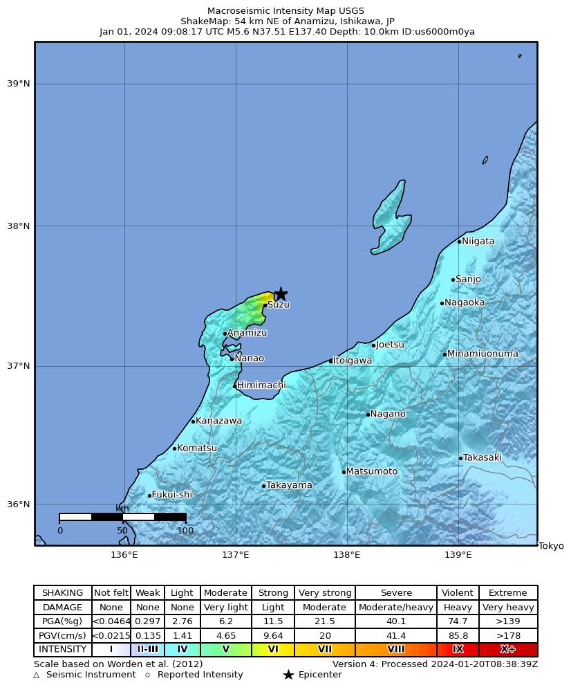 USGS ShakeMap intensity contours for the M5.6 earthquake near 54 km NE of Anamizu, Japan