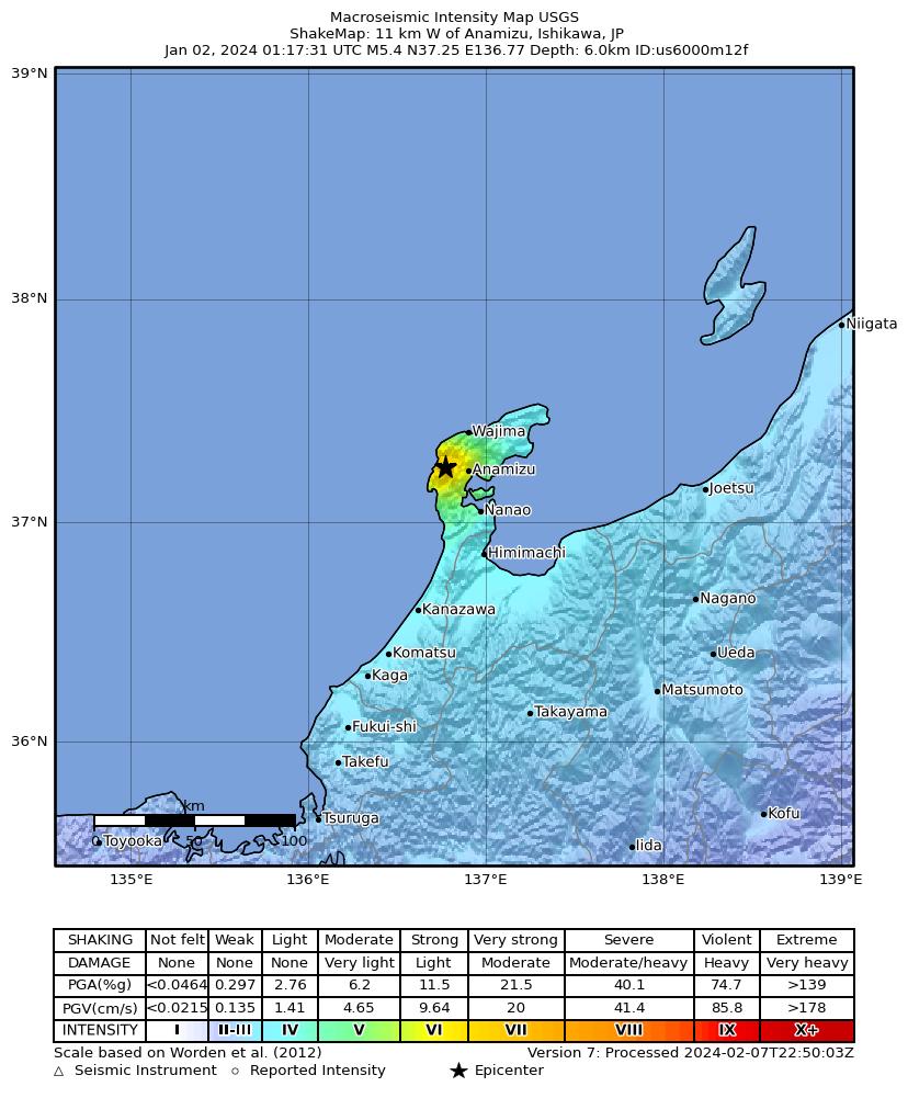 USGS ShakeMap intensity contours for the M5.4 earthquake near 11 km W of Anamizu, Japan