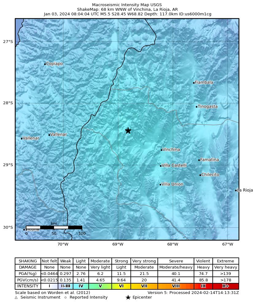USGS ShakeMap intensity contours for the M5.5 earthquake near 68 km WNW of Vinchina, Argentina