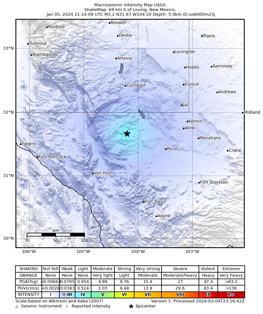 USGS ShakeMap intensity contours for the M3.3 earthquake near 55 km NW of Toyah, Texas