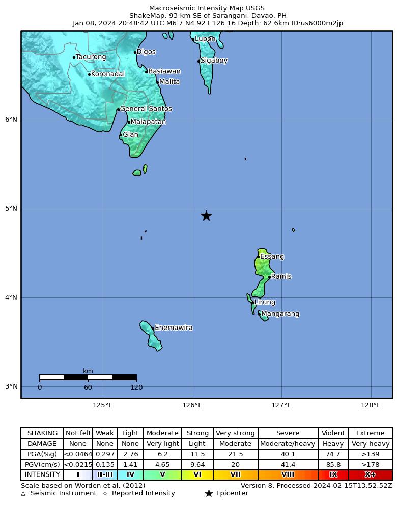 USGS ShakeMap intensity contours for the M6.7 earthquake near 93 km SE of Sarangani, Philippines