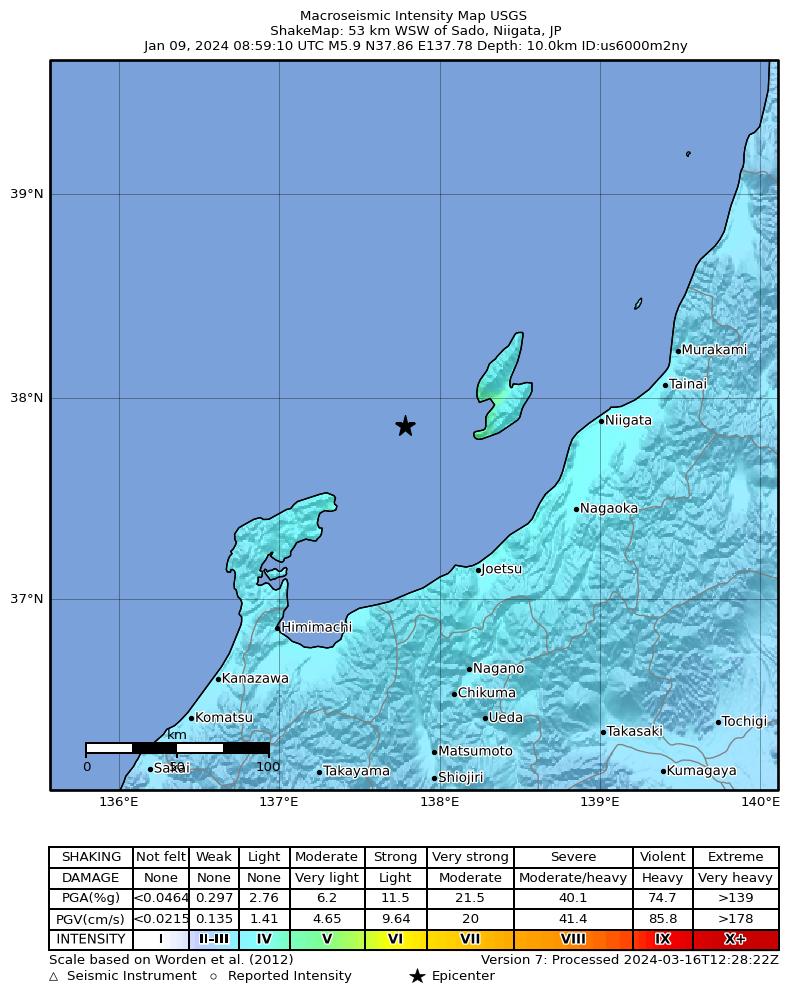 USGS ShakeMap intensity contours for the M5.9 earthquake near 53 km WSW of Sado, Japan