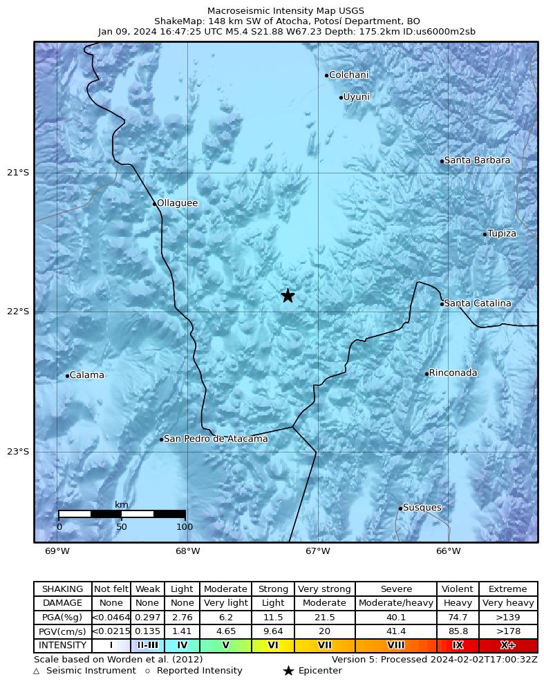 USGS ShakeMap intensity contours for the M5.4 earthquake near 128 km SE of Ollagüe, Chile