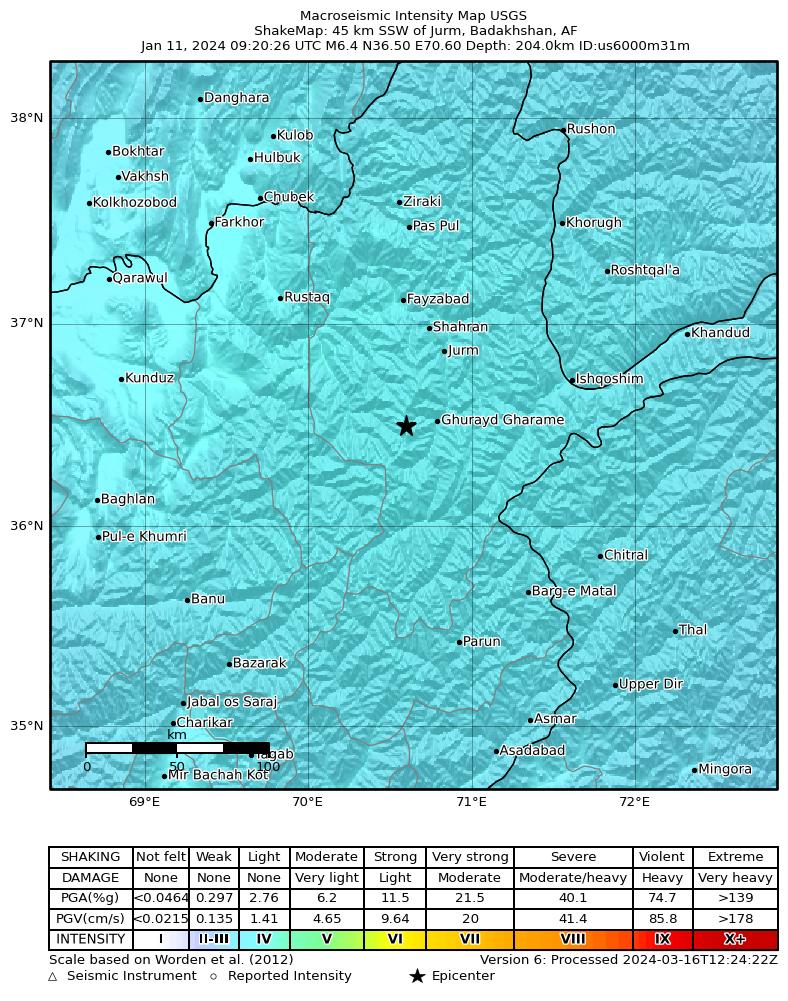 USGS ShakeMap intensity contours for the M6.4 earthquake near 45 km SSW of Jurm, Afghanistan