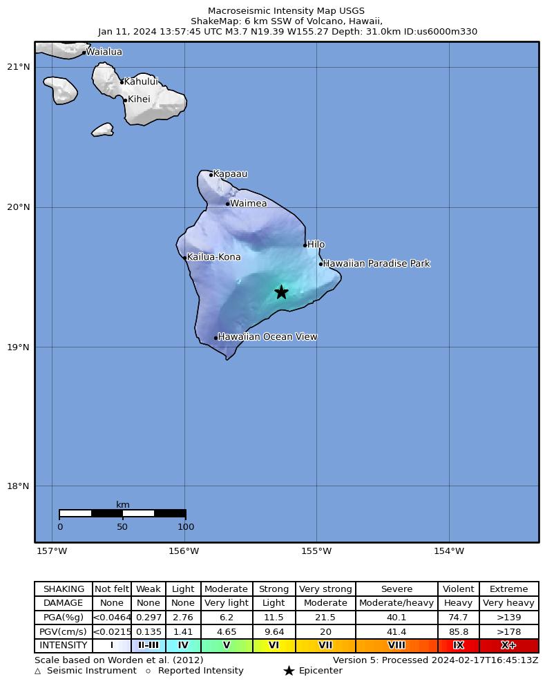 USGS ShakeMap intensity contours for the M3.2 earthquake near 9 km SSW of Volcano, Hawaii