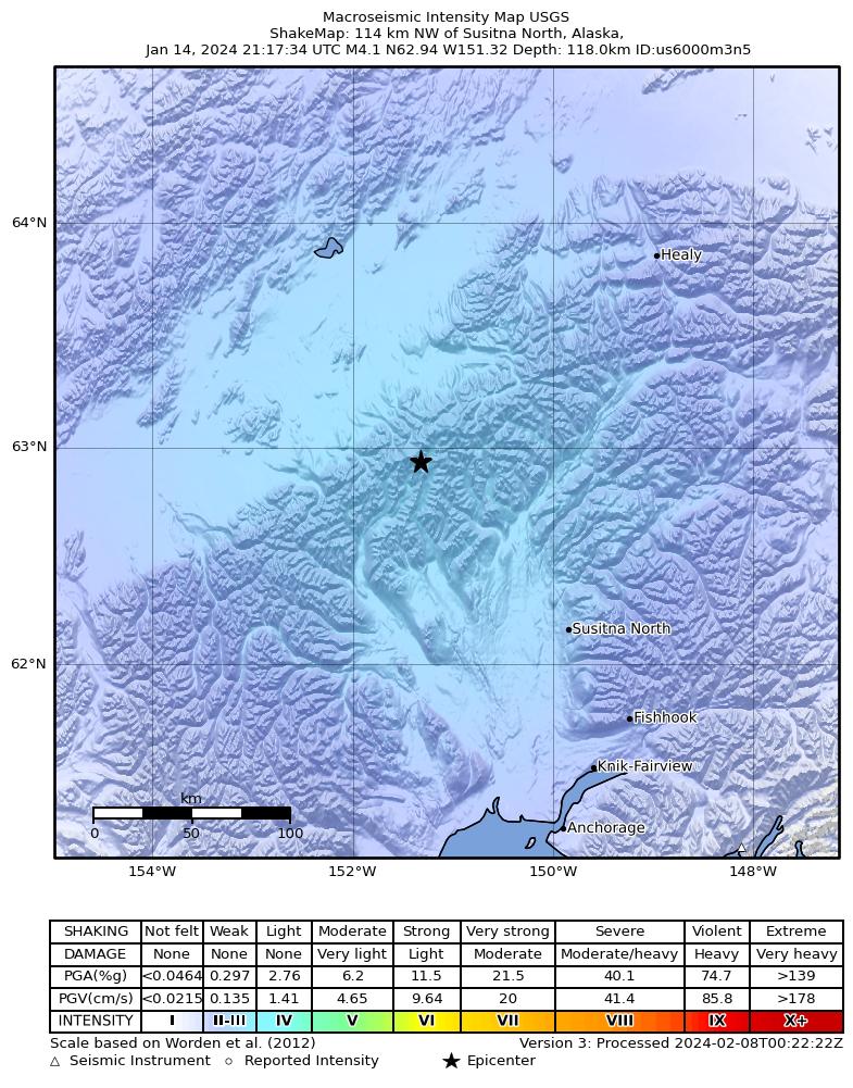 USGS ShakeMap intensity contours for the M3.4 earthquake near 55 km NNW of Petersville, Alaska