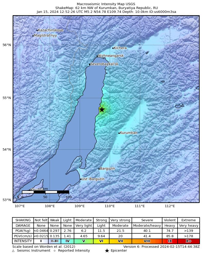 USGS ShakeMap intensity contours for the M5.2 earthquake near 62 km NW of Kurumkan, Russia