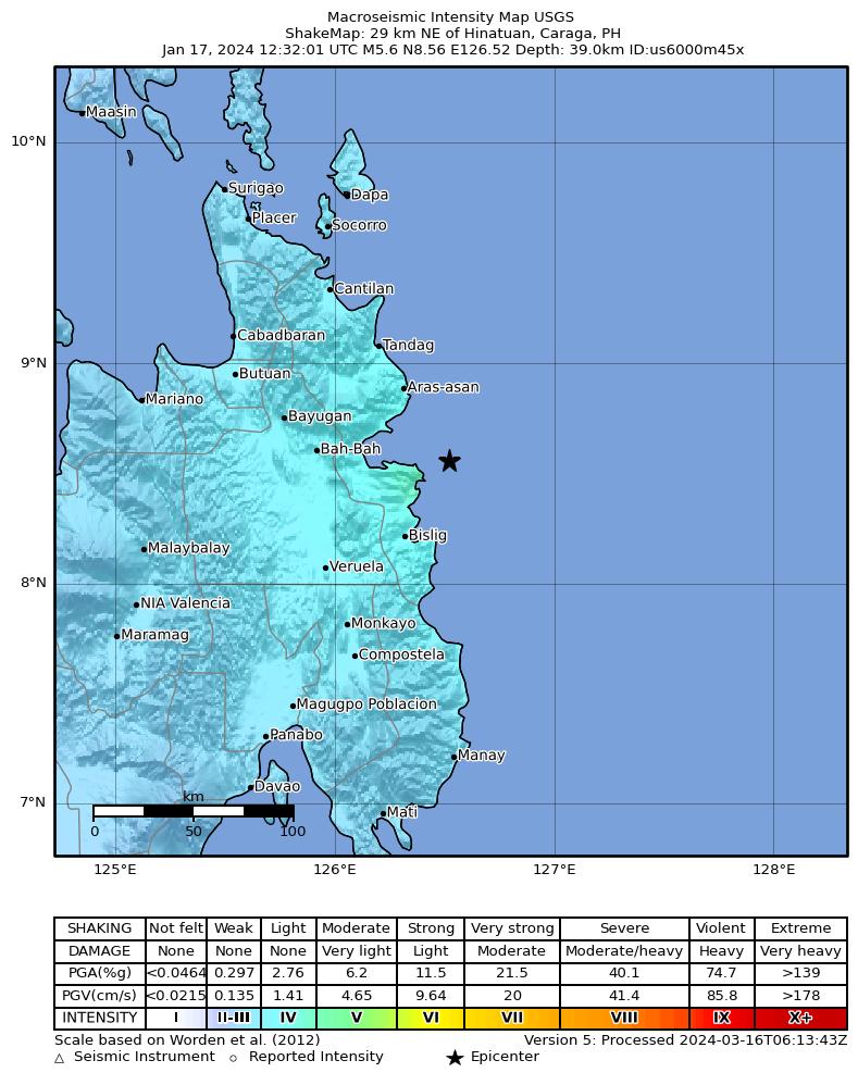 USGS ShakeMap intensity contours for the M5.6 earthquake near 29 km NE of Hinatuan, Philippines