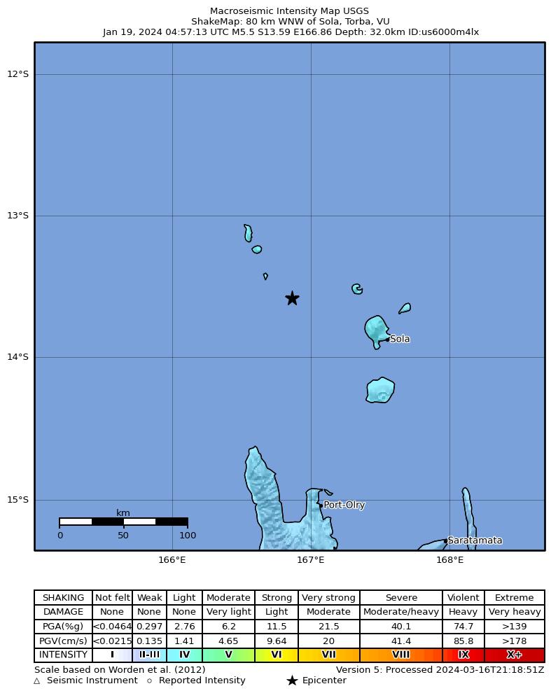 USGS ShakeMap intensity contours for the M5.5 earthquake near 80 km WNW of Sola, Vanuatu