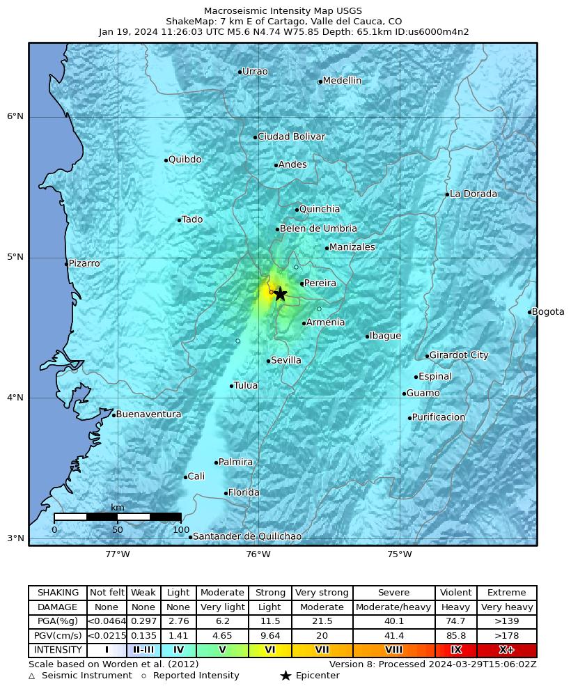 USGS ShakeMap intensity contours for the M5.6 earthquake near 7 km E of Cartago, Colombia