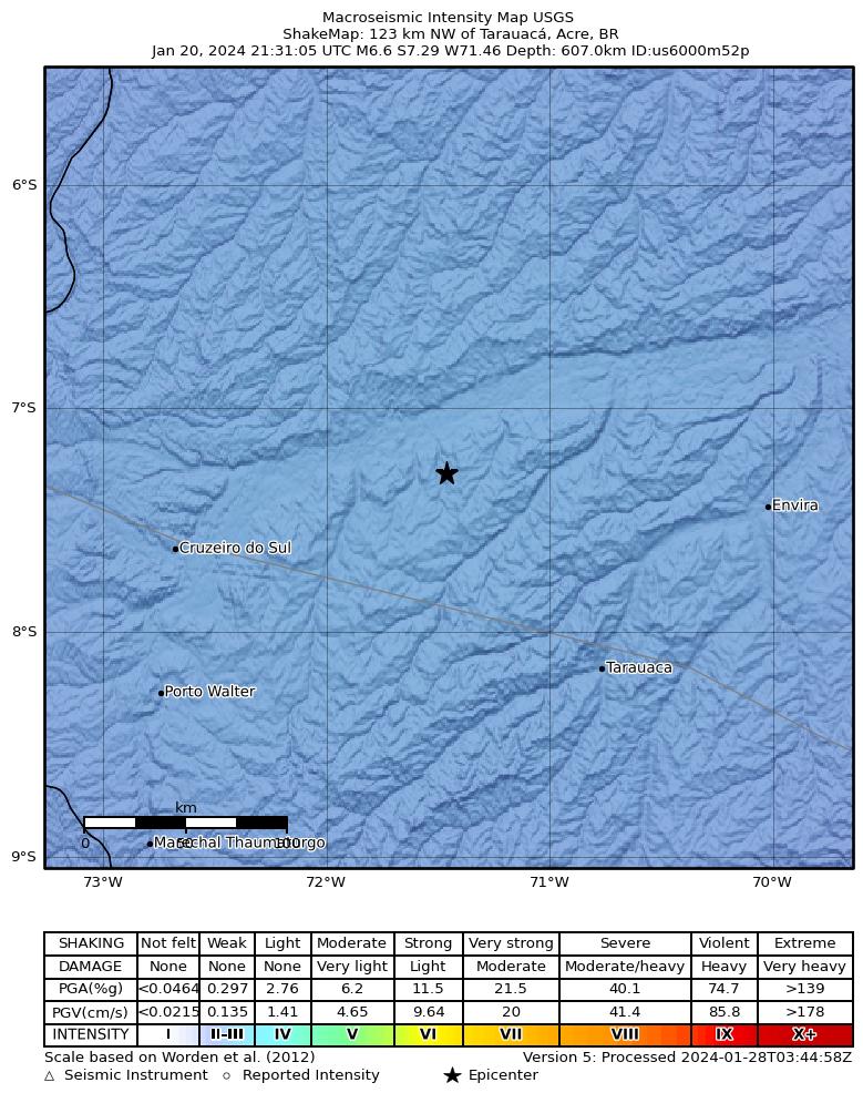 USGS ShakeMap intensity contours for the M6.6 earthquake near 123 km NW of Tarauacá, Brazil