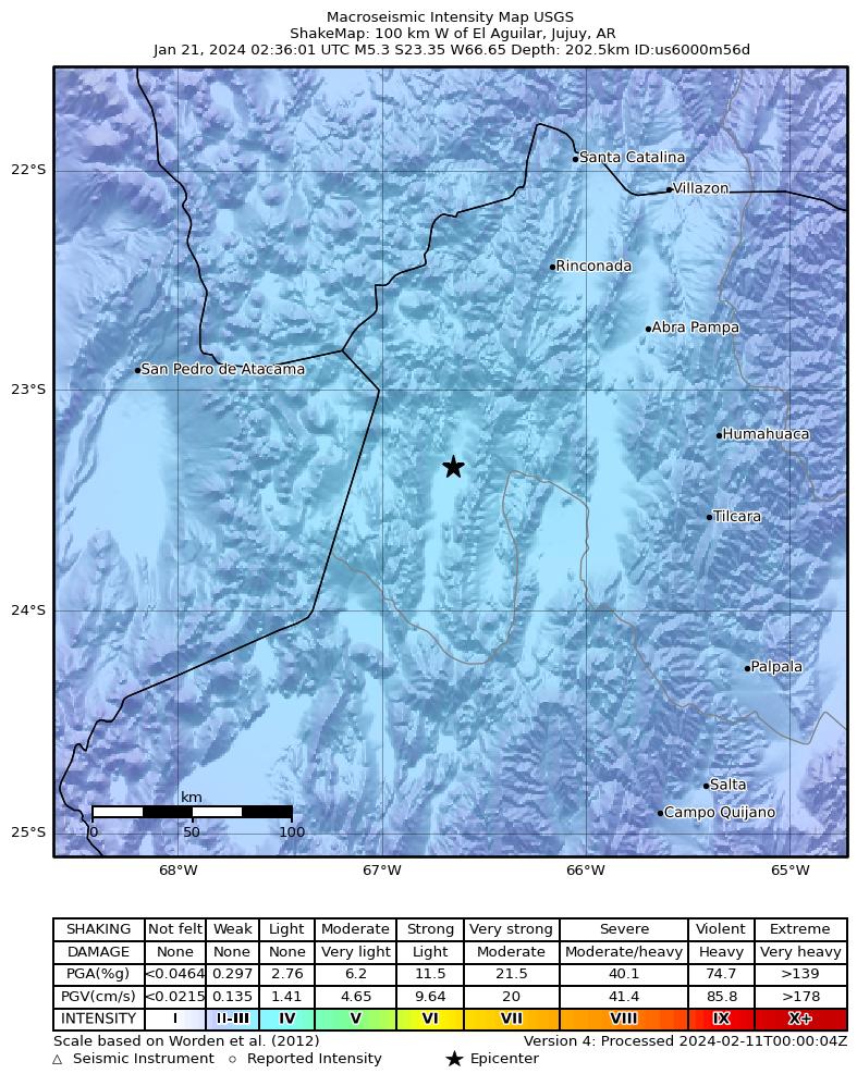 USGS ShakeMap intensity contours for the M5.3 earthquake near 100 km W of El Aguilar, Argentina
