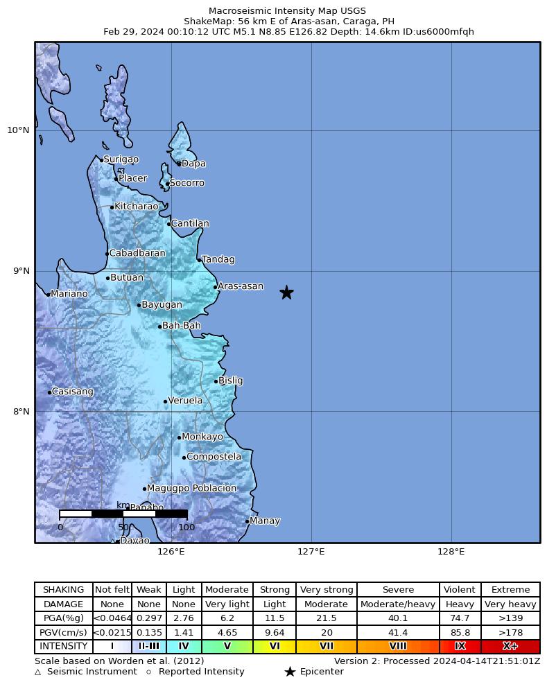 USGS ShakeMap intensity contours for the M5.1 earthquake near 56 km E of Aras-asan, Philippines