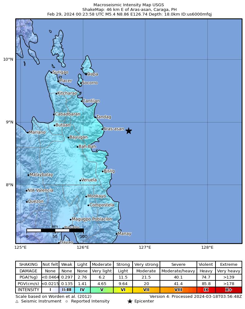 USGS ShakeMap intensity contours for the M5.4 earthquake near 46 km E of Aras-asan, Philippines