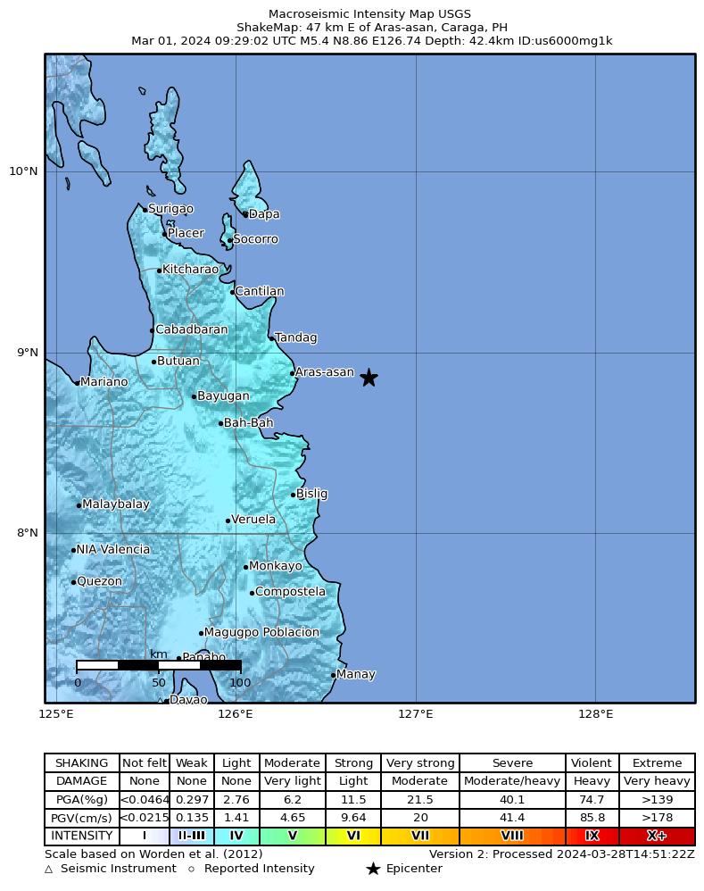 USGS ShakeMap intensity contours for the M5.4 earthquake near 47 km E of Aras-asan, Philippines